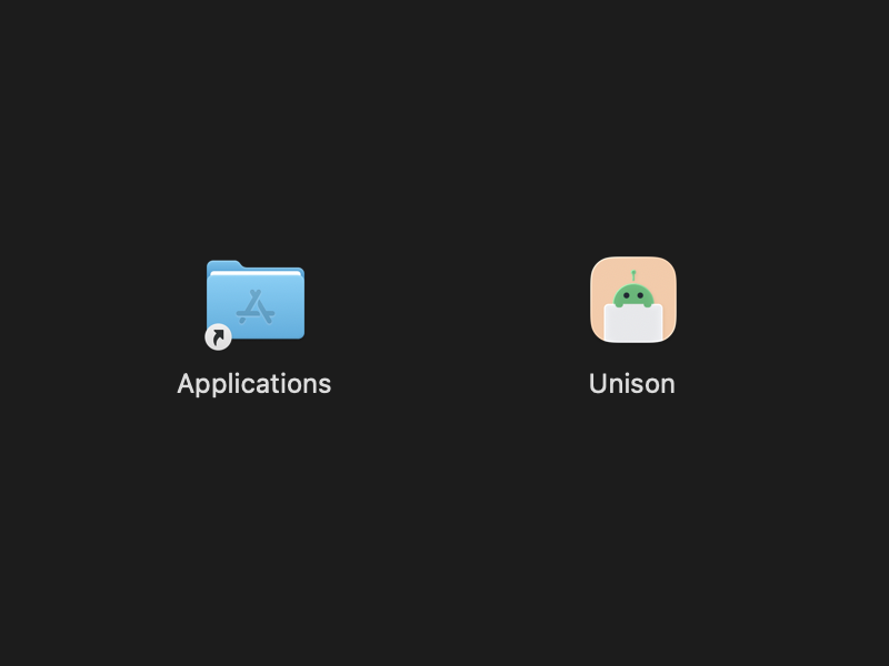The Unison disk image open in Finder: the Unison app next to the Applications folder