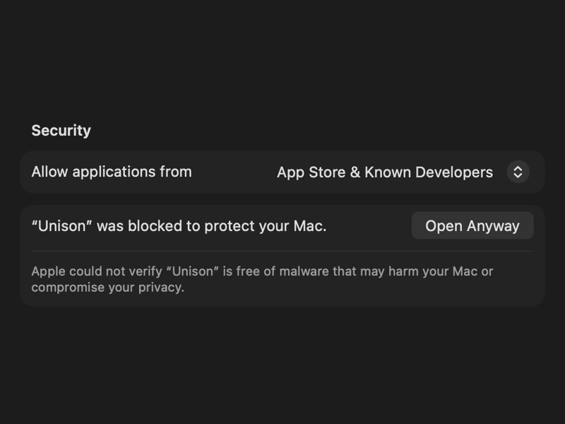 System Settings, Privacy & Security, Security: “Unison” was blocked to protect your Mac, with an Open Anyway button