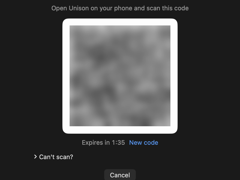 Unison’s pairing screen on the Mac: Open Unison on your phone and scan this code, with the QR code blurred